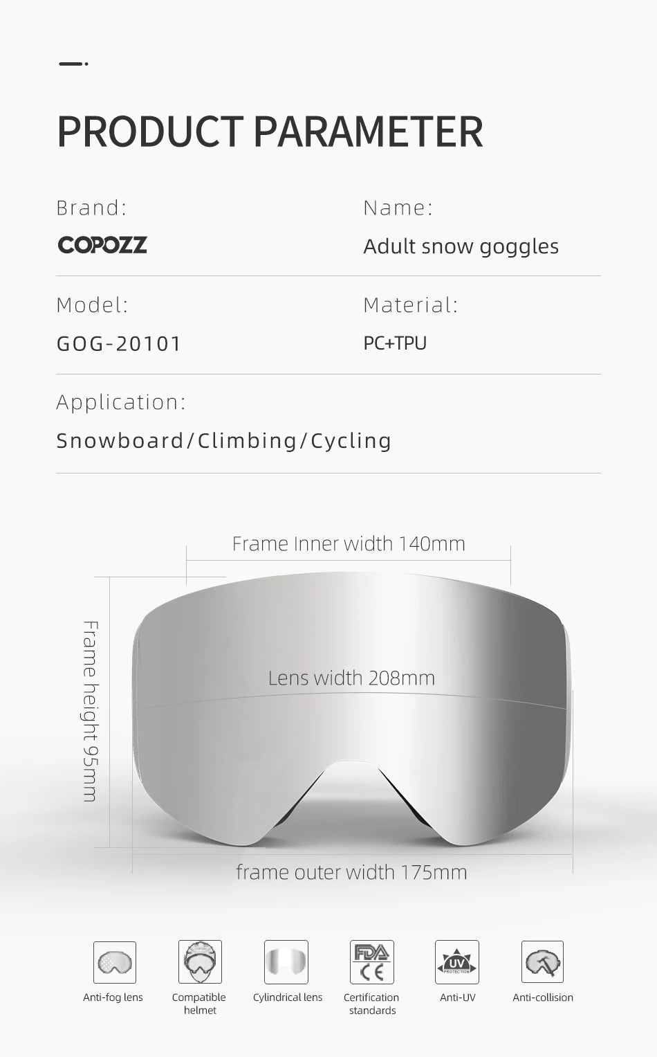 COPOZZ Professional Winter Ski Goggles Magnetic Quick-Change Double Layers Anti-Fog Snowboard goggles Men Women Ski Equipment