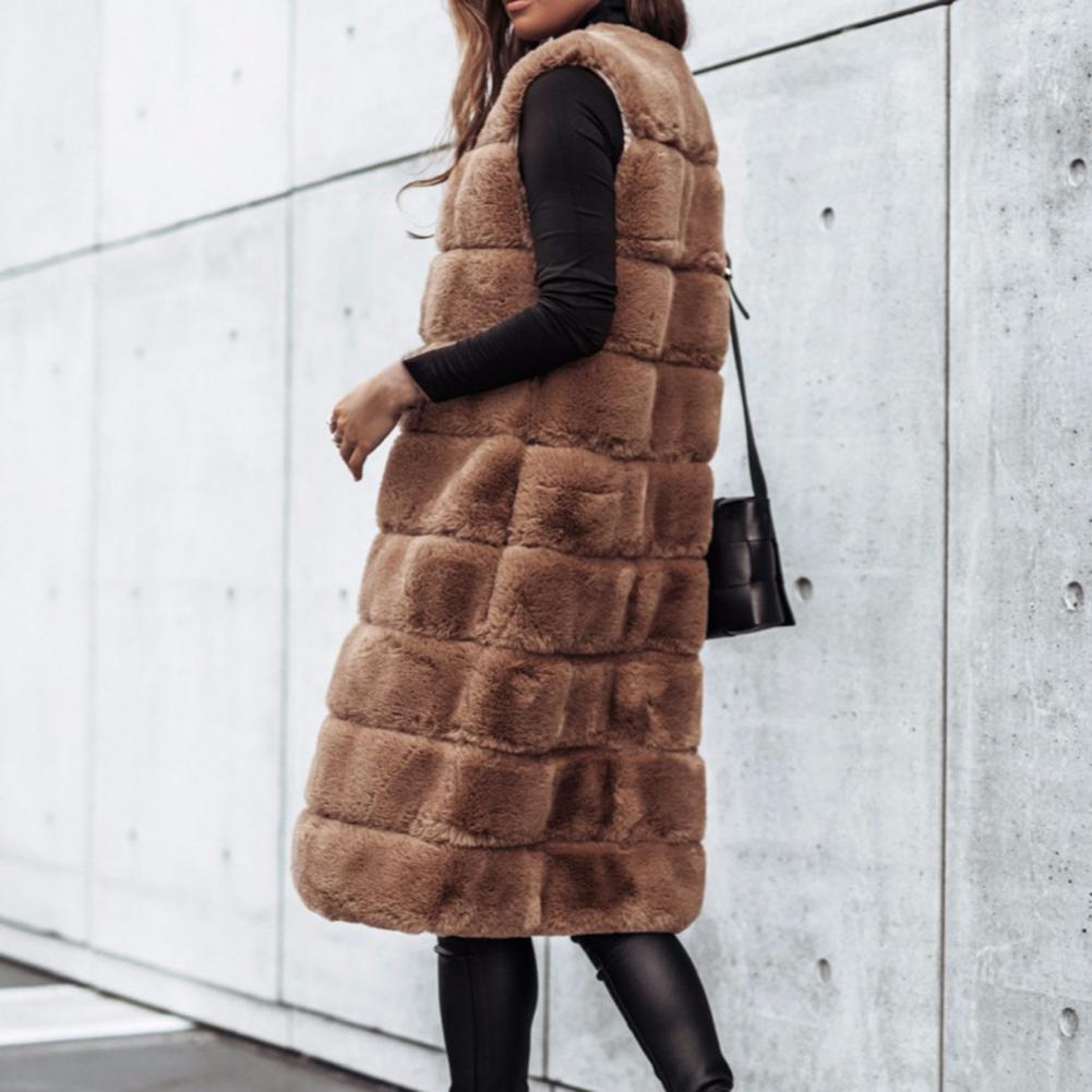 Autumn Winter Women Jacket Vest Solid Color Round Neck Faux Fur Coat Thick Crew Neck Outerwear Plush Jacket for Women