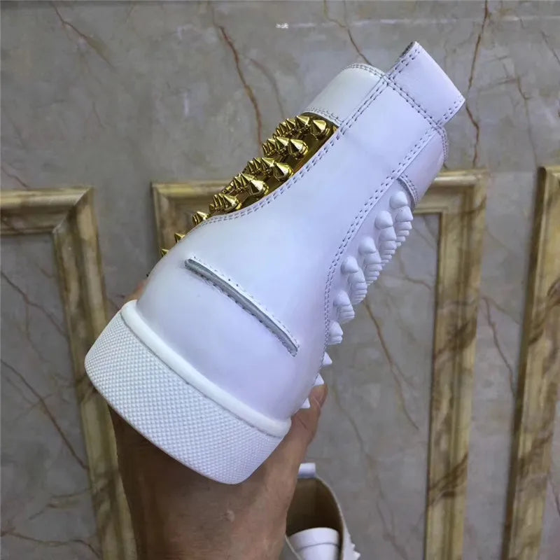 High Top Sneakers Men White Gold Spikes Men's Flats Shoes Casual Style Round Toe Tenis Masculine New Brand Designers Chaussures