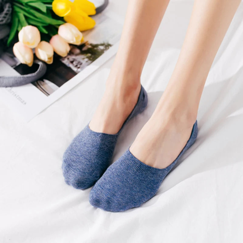 5 Pairs Women Cotton Low Cut Socks Solid Snowflake Softable Summer Silicone Non-slip Deep Mouth Prevent Heel Loss Slipper Socks