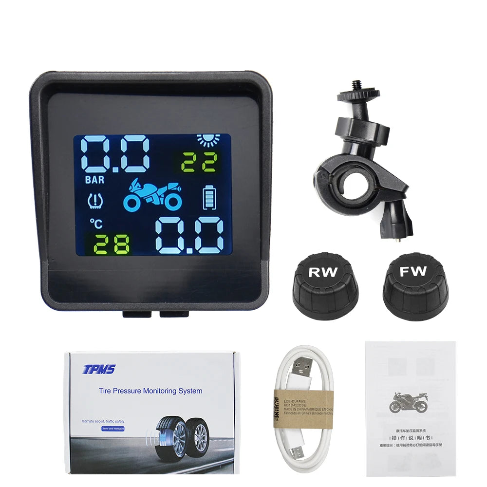 Best quality USB Solar Charging Motorcycle TPMS Motor Tire Pressure Tyre Temperature Monitoring Alarm System with 2 External