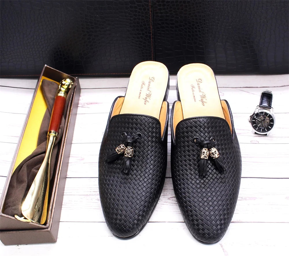 Luxury Brand Half Shoes for Men Genuine Leather Brown Blue Flat Mules Black Casual Shoes Mens Fashion Mocassin Homme Chaussure