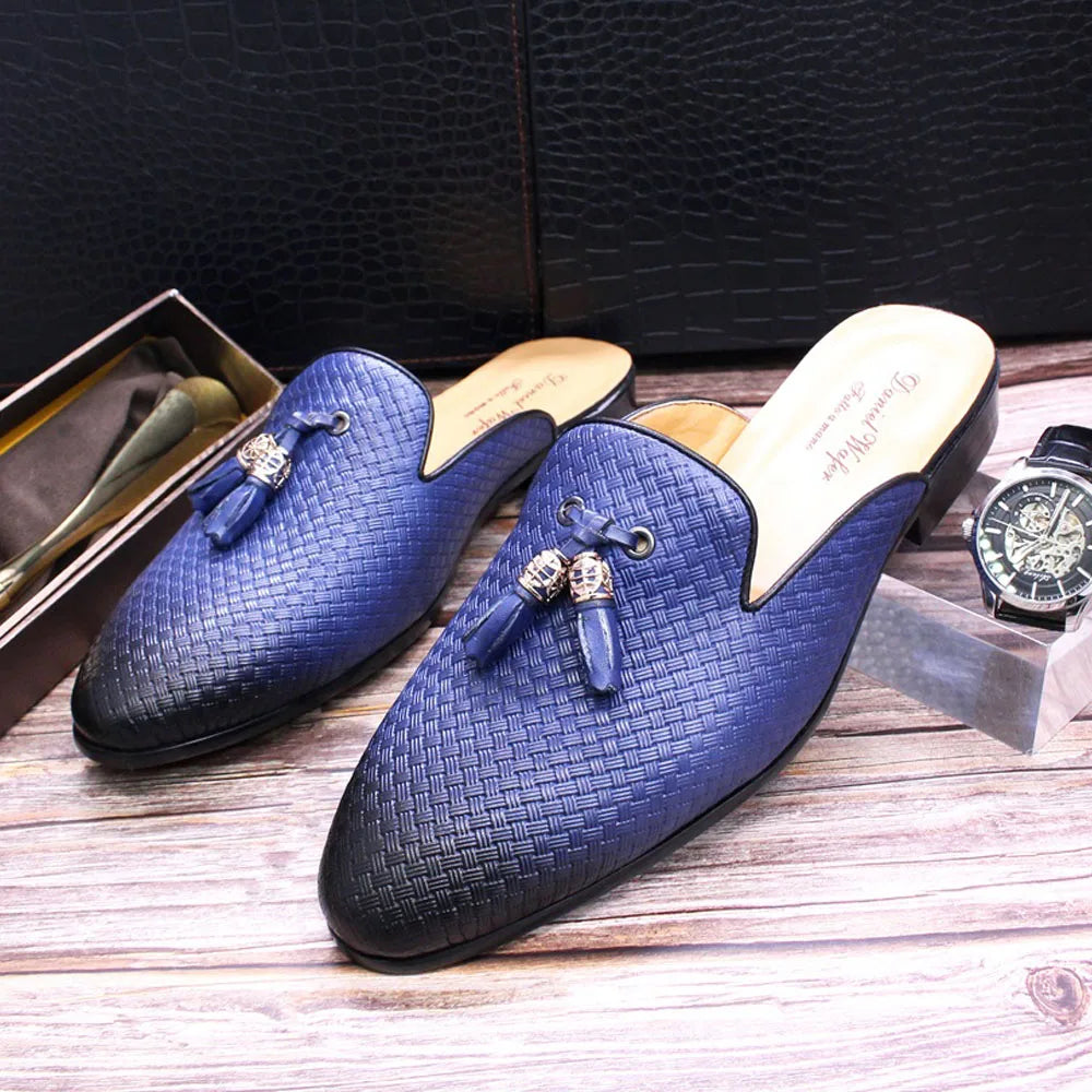 Luxury Brand Half Shoes for Men Genuine Leather Brown Blue Flat Mules Black Casual Shoes Mens Fashion Mocassin Homme Chaussure