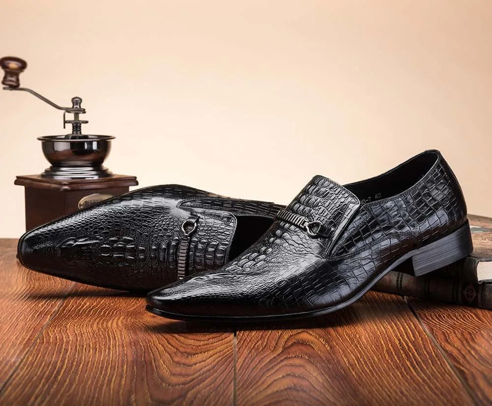 Fashion Men Casual Leather Shoes Crocodile Pattern Luxury Dress Shoes Slip-on Wedding Shoes Leather Brogues Big Size 38-48