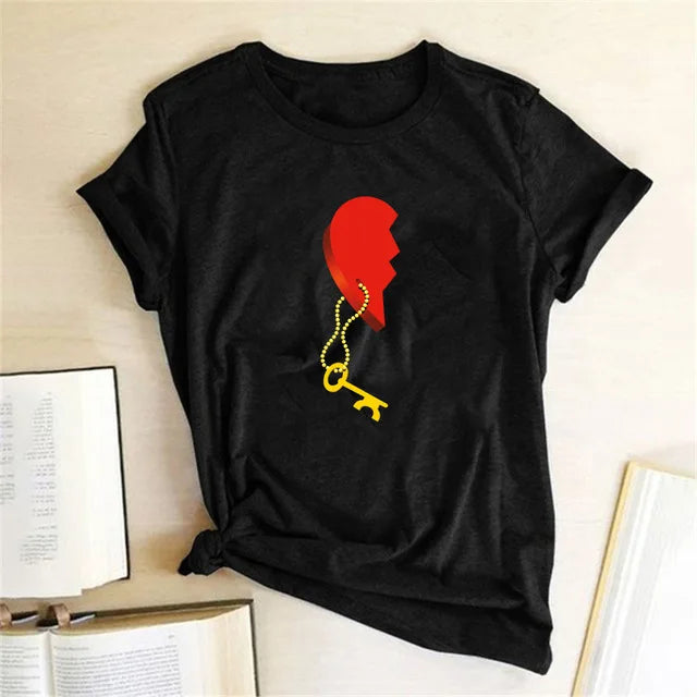 Couples T Shirt Heart Key Lock Mr Mrs Print Couple Tshirt Summer King Queen T-shirt Casual O-Neck Tops Lovers Tee Shirt