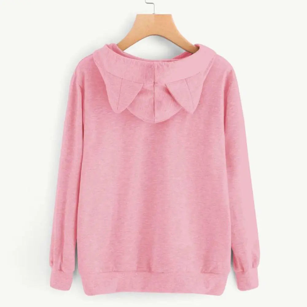 New Women Hoodies Sweatshirt Kawaii Pink Winter Cat Pattern Long Sleeve Hooded Sweatshirts Harajuku