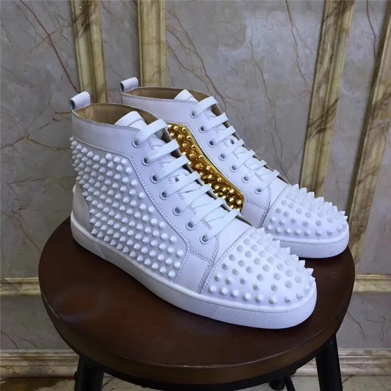 High Top Sneakers Men White Gold Spikes Men's Flats Shoes Casual Style Round Toe Tenis Masculine New Brand Designers Chaussures