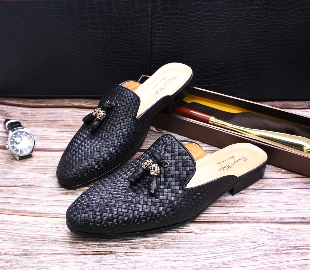 Luxury Brand Half Shoes for Men Genuine Leather Brown Blue Flat Mules Black Casual Shoes Mens Fashion Mocassin Homme Chaussure