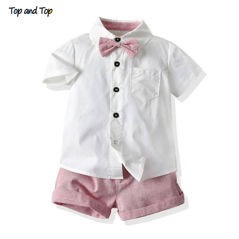 Top and Top Summer Kids Baby Boy Formal Suit Short Sleeve with Shirt+Suspender Pants Casual Clothes Outfit Gentleman Set 2PCS