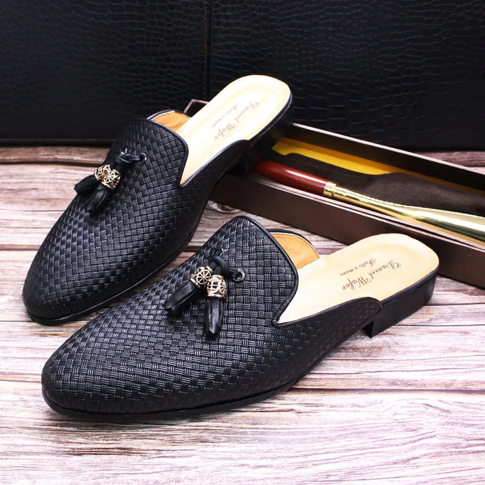 Luxury Brand Half Shoes for Men Genuine Leather Brown Blue Flat Mules Black Casual Shoes Mens Fashion Mocassin Homme Chaussure