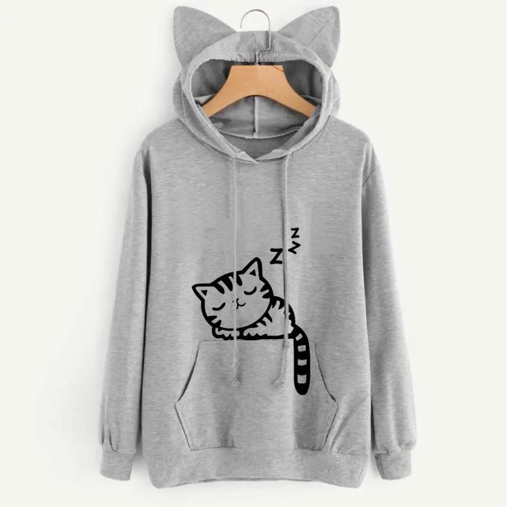 New Women Hoodies Sweatshirt Kawaii Pink Winter Cat Pattern Long Sleeve Hooded Sweatshirts Harajuku