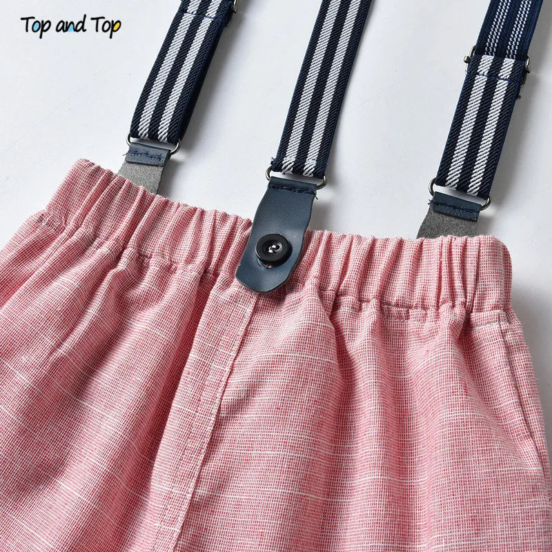 Top and Top Summer Kids Baby Boy Formal Suit Short Sleeve with Shirt+Suspender Pants Casual Clothes Outfit Gentleman Set 2PCS