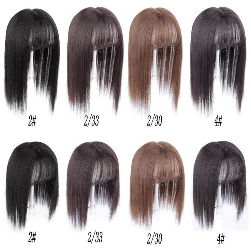 AOOSOO Long Straight Hair with Black Brown Hairpin Bangs High Temperature Fiber Hair Topper Clip In hair Extensions 2styles
