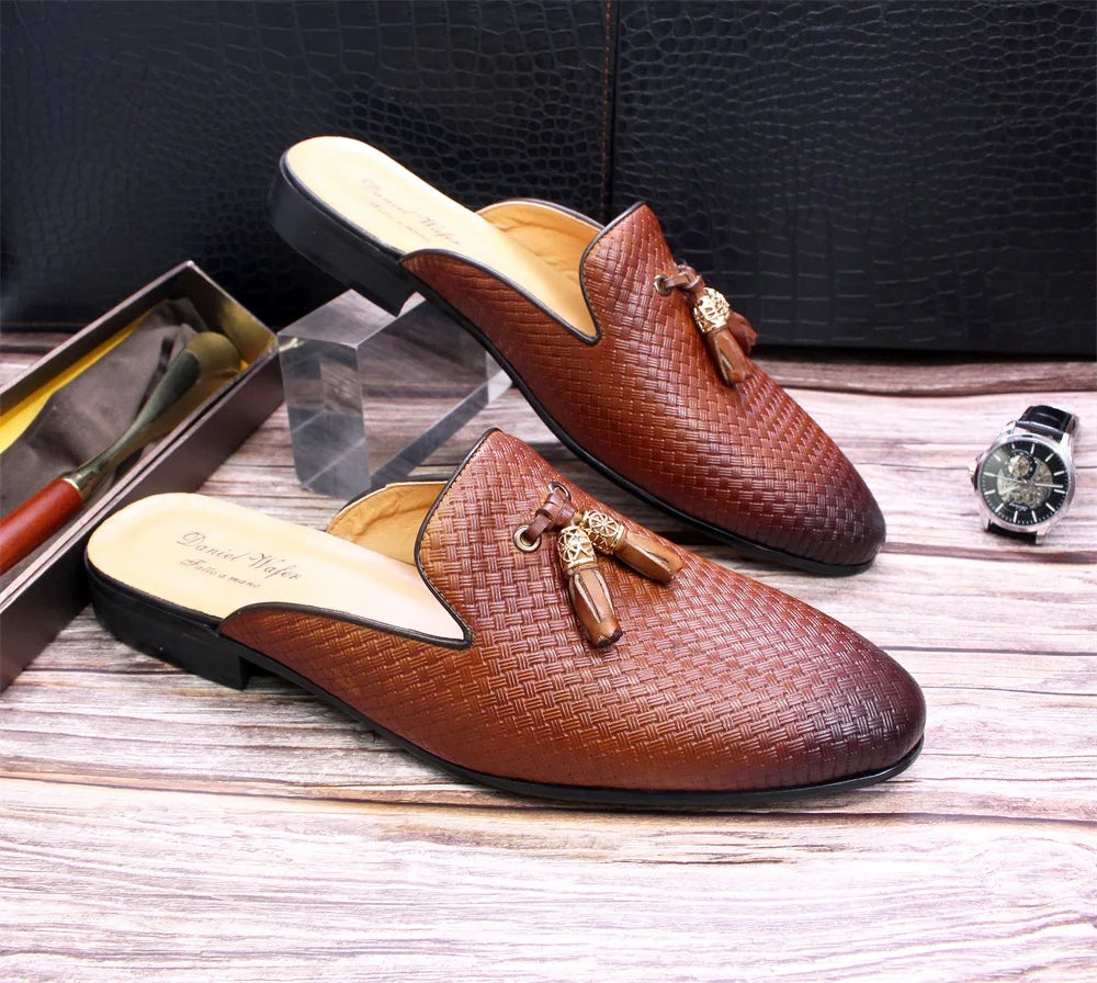 Luxury Brand Half Shoes for Men Genuine Leather Brown Blue Flat Mules Black Casual Shoes Mens Fashion Mocassin Homme Chaussure