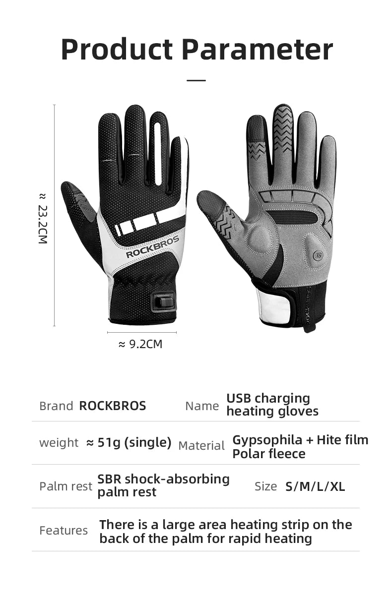 ROCKBROS Heated Winter Glove Cycling Gloves USB Electric Rechargeable Ski Gloves Touchscreen Motorcycle Riding Hiking Snow Glove