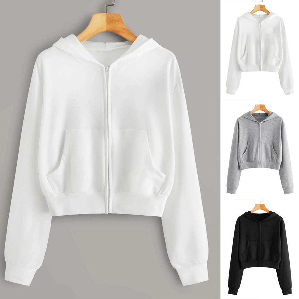 Draw String Zip Up Cropped Hoodies For Teen Girls Black White Gray Hooded Sweatshirts Harajuku Korean Fashion Crop Tops Jackets