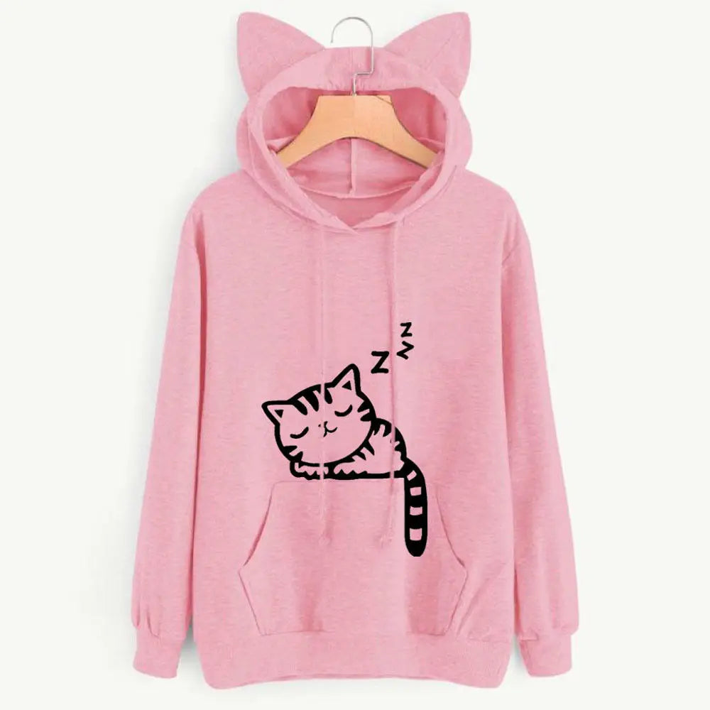 New Women Hoodies Sweatshirt Kawaii Pink Winter Cat Pattern Long Sleeve Hooded Sweatshirts Harajuku