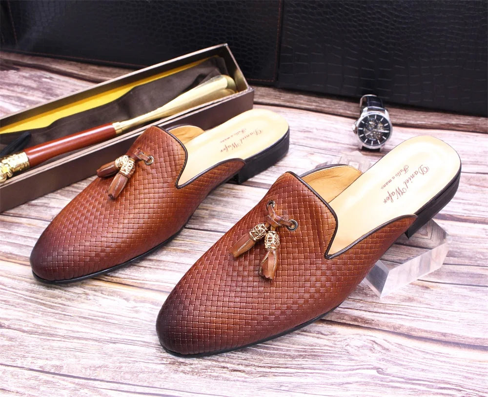 Luxury Brand Half Shoes for Men Genuine Leather Brown Blue Flat Mules Black Casual Shoes Mens Fashion Mocassin Homme Chaussure