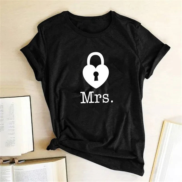 Couples T Shirt Heart Key Lock Mr Mrs Print Couple Tshirt Summer King Queen T-shirt Casual O-Neck Tops Lovers Tee Shirt