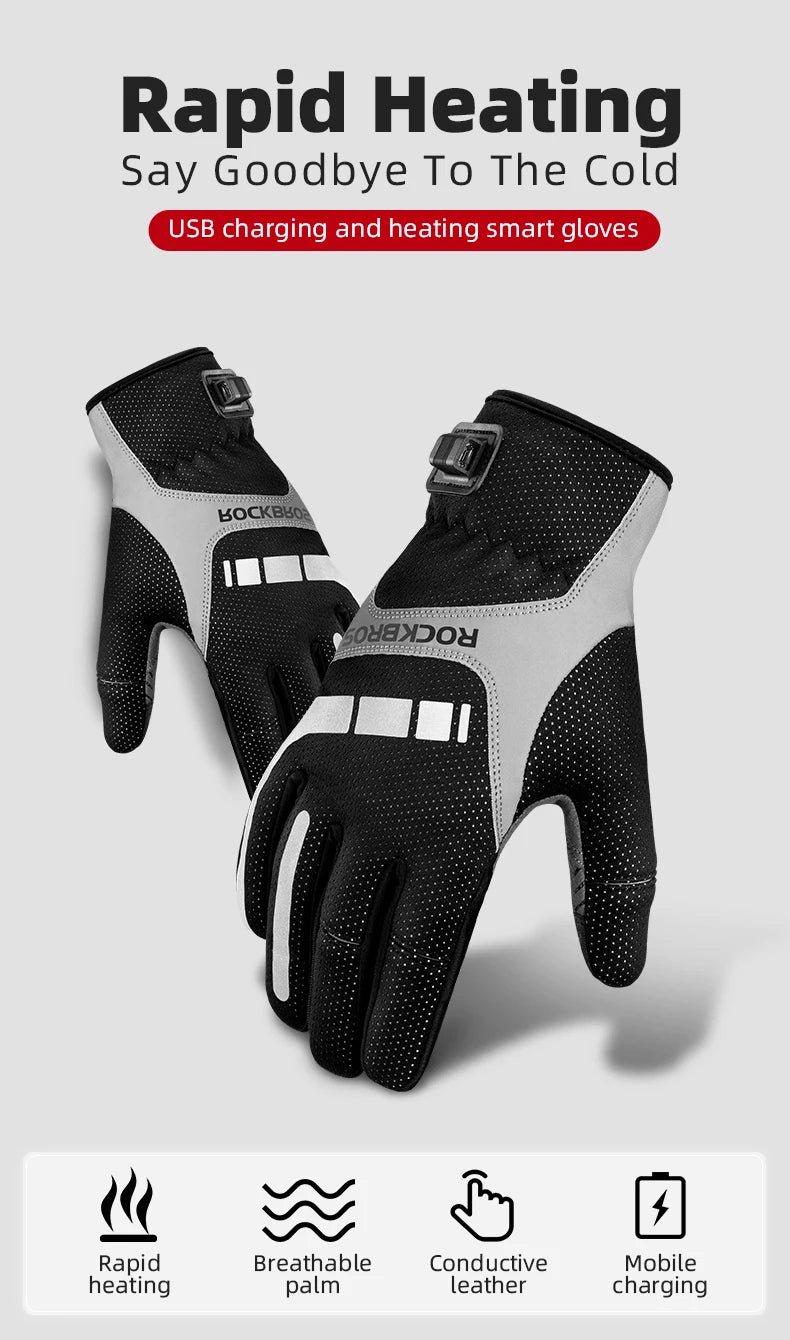 ROCKBROS Heated Winter Glove Cycling Gloves USB Electric Rechargeable Ski Gloves Touchscreen Motorcycle Riding Hiking Snow Glove