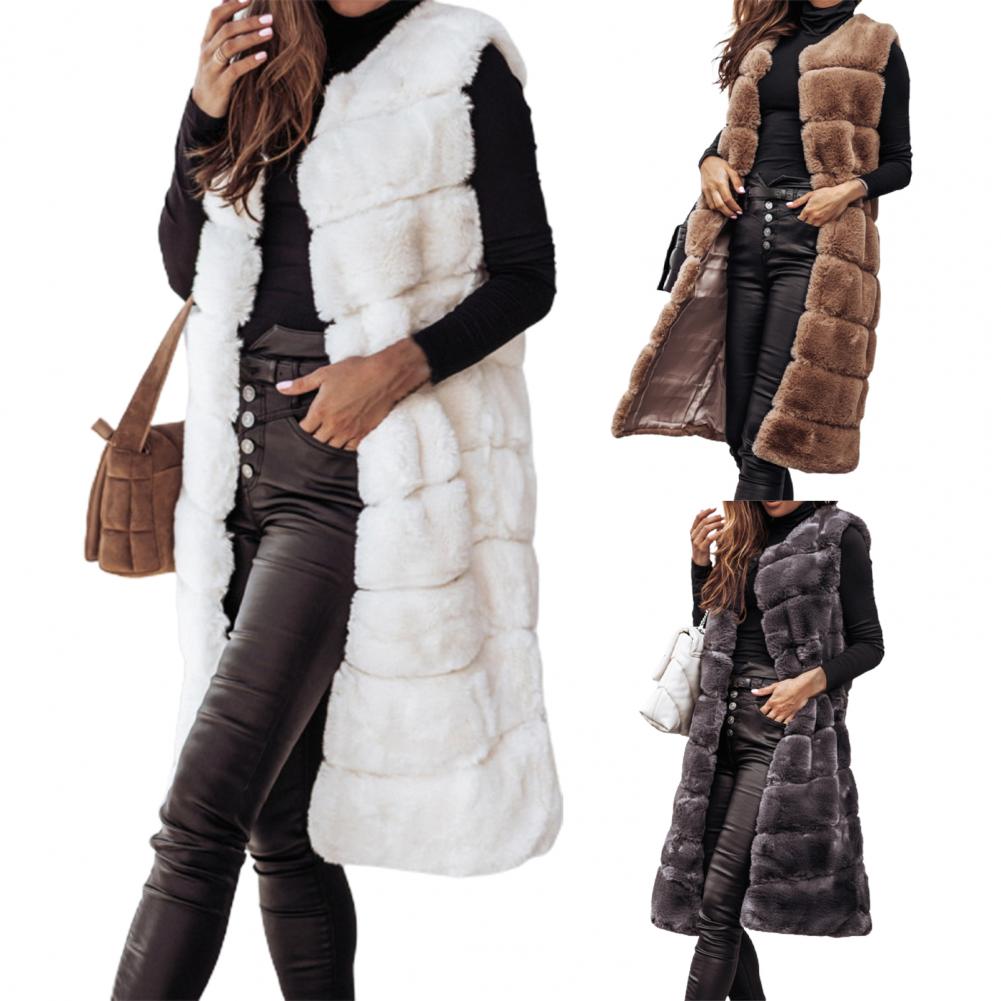 Autumn Winter Women Jacket Vest Solid Color Round Neck Faux Fur Coat Thick Crew Neck Outerwear Plush Jacket for Women