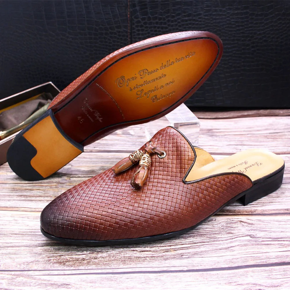 Luxury Brand Half Shoes for Men Genuine Leather Brown Blue Flat Mules Black Casual Shoes Mens Fashion Mocassin Homme Chaussure