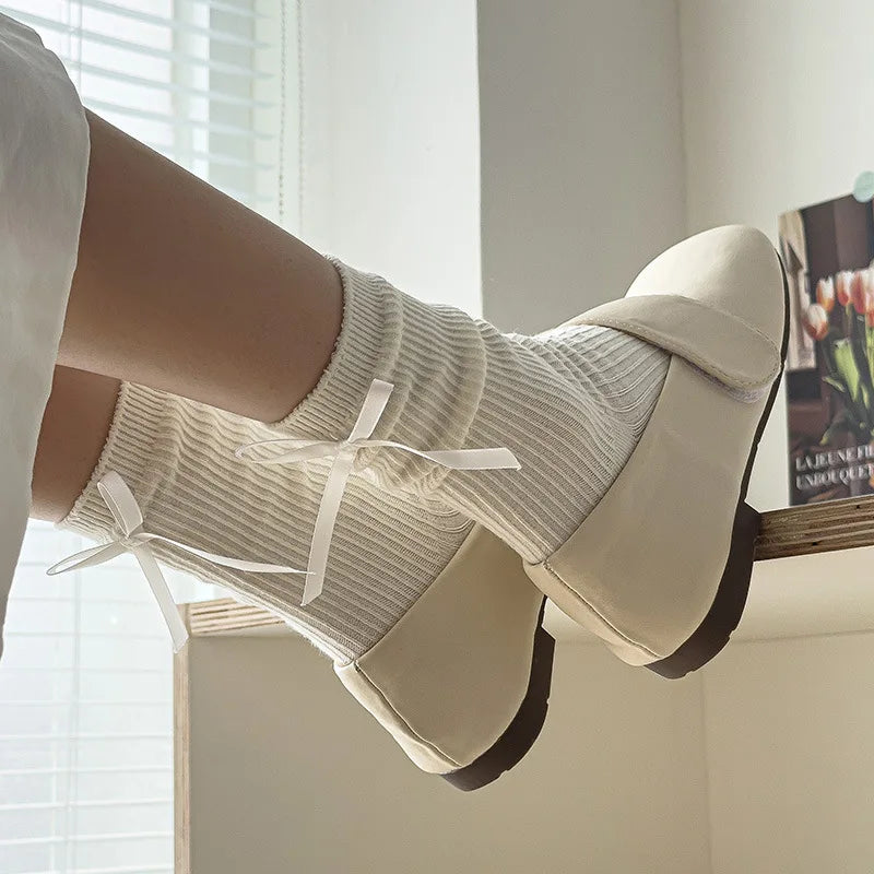 Japanese JK Sweet Bowknot Tied Middle Tube Socks Women Heel Bow Socks Casual Black White Pile Socks Girls Sports Cotton Socks