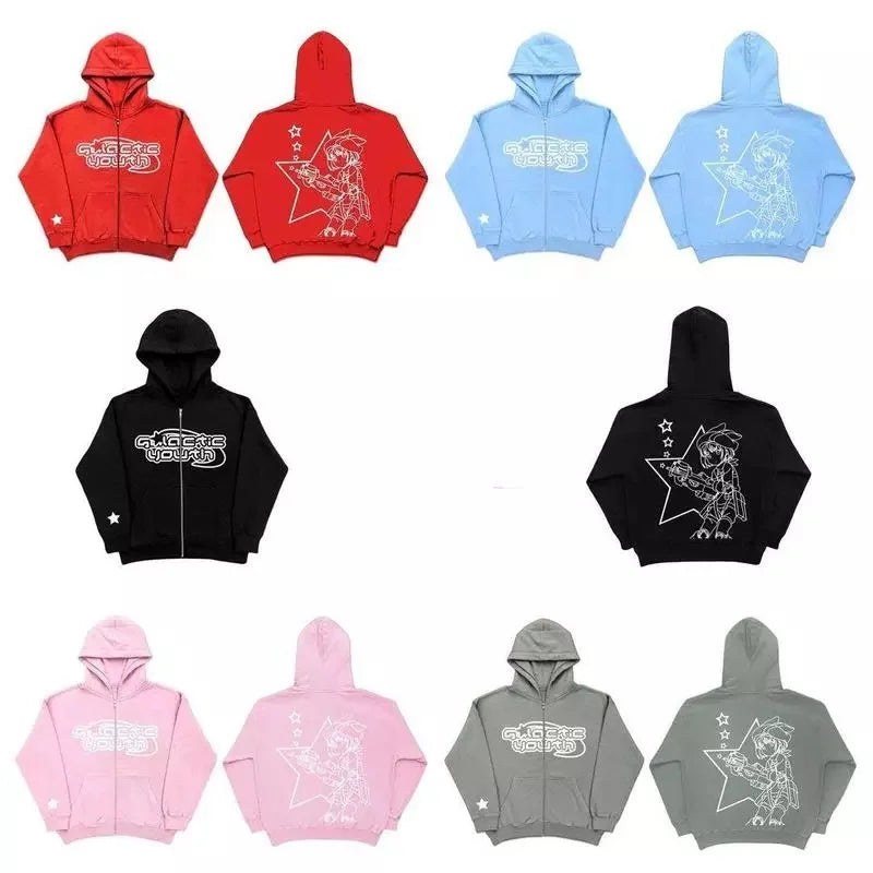 4tune full zipper sweatshirt American youth cardigan zipper jacket retro y2k hoodie women's casual loose sweatshirt
