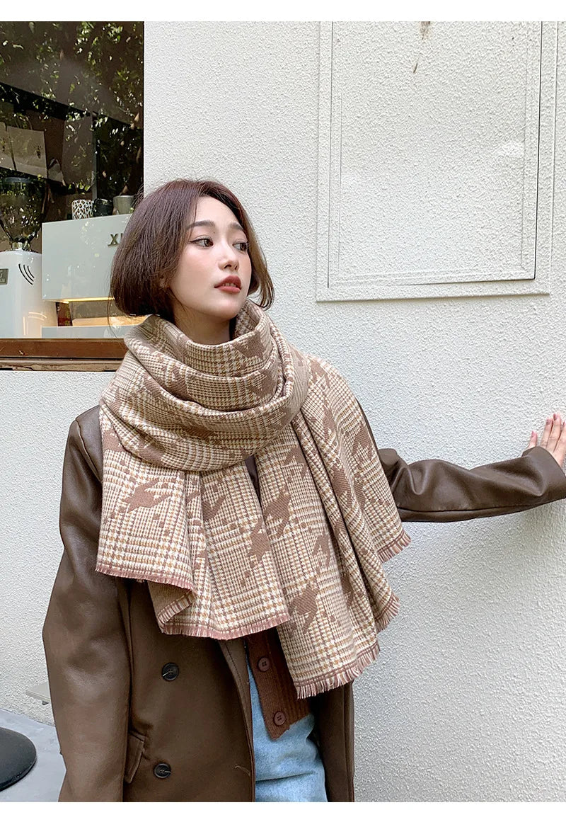 Fashion Brand Cashmere Scarf Women Winter Autumn Houndstooth Plaid Long Pashmina Cold Day Double-sided Tassel Thick Shawl Ladies