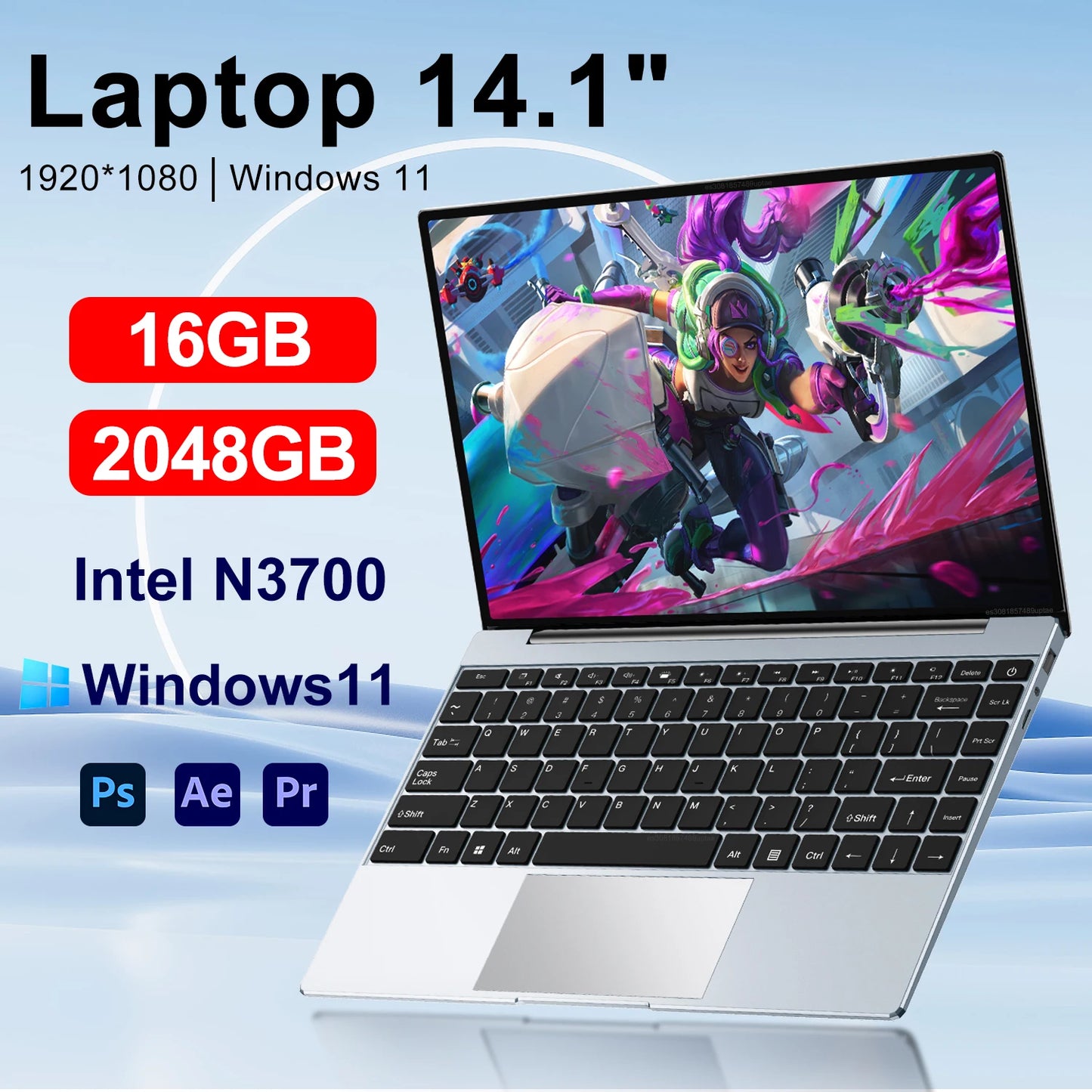 Ultra Slim Laptop 14.1" 16GB RAM 2TB SSD Intel N3700 Notebook Gamer 1920*1080 Display Office Study Computer PC Windows 11 Pro