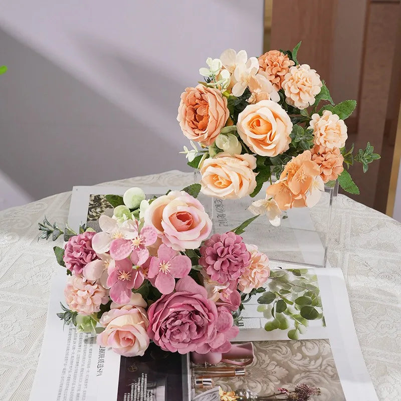 7 Heads Artificial Flowers Silk Peony Rose Hydrangea Bouquet Home Decorations Party Wedding Bride Fake Plants