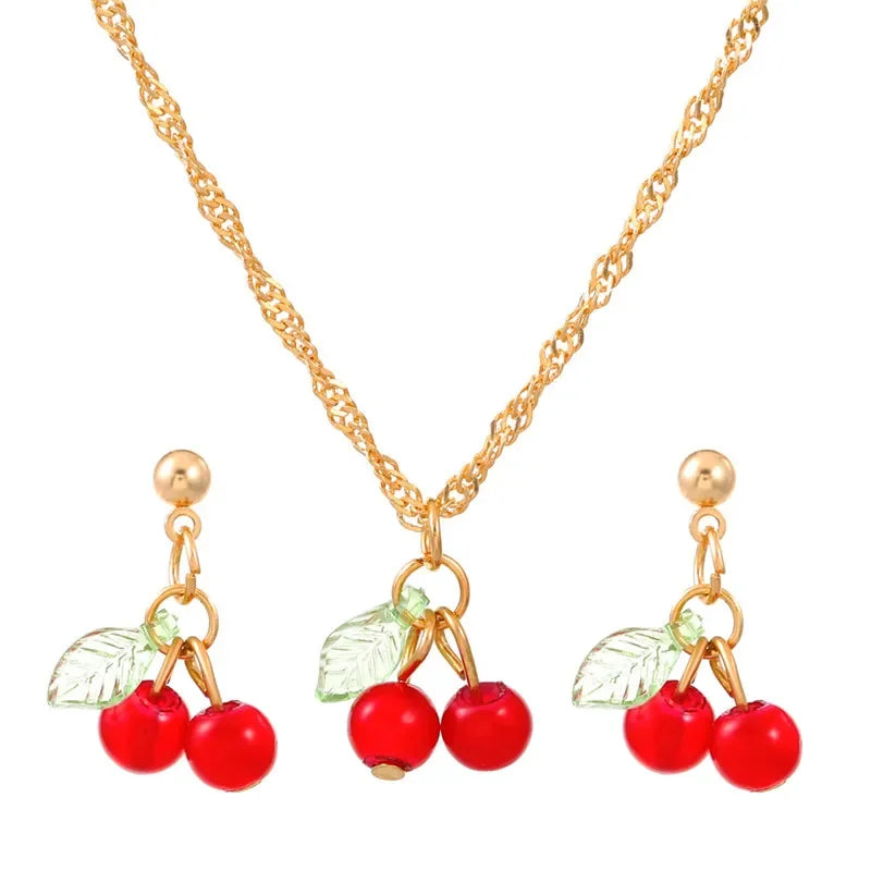 Exquisite Cherry Red Necklace And Earring Set For Women Fashionable Personalized Daily Accessory Party Jewelry Birthday Gifts