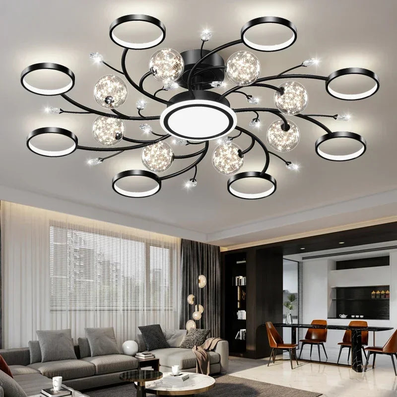 Nordic Living Room Modern Simple Atmospheric Luxury Ceiling Light Romantic Starry Sky Crystal Hall Chandelier Creative Black Art