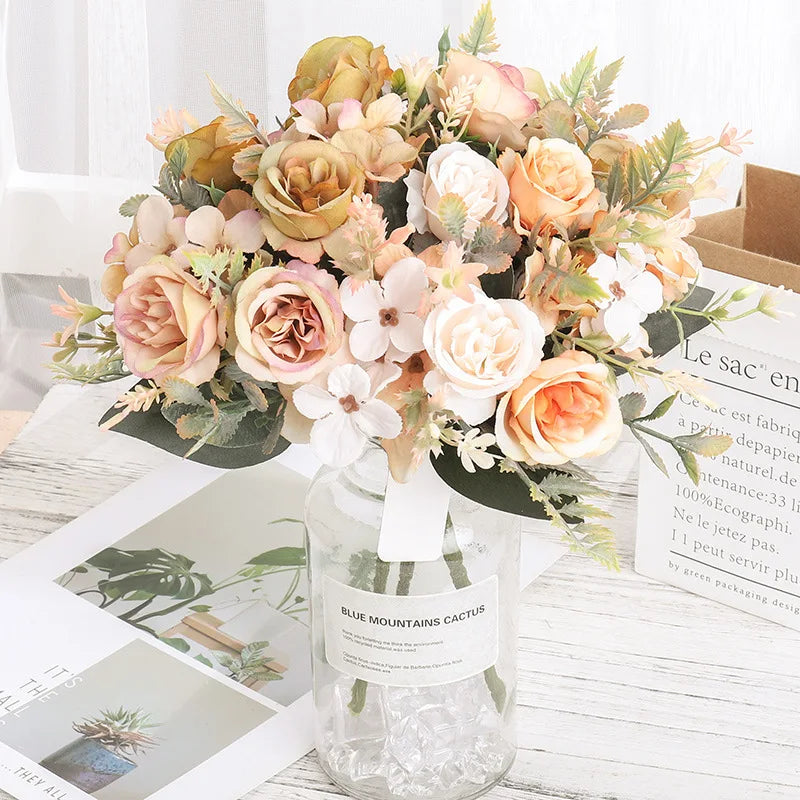 Beautiful Roses Autumn Artificial Flowers Silk Peony Hydrangea Big Bride Bouquet Wedding Home Party DIY Decoration Fake Flowers