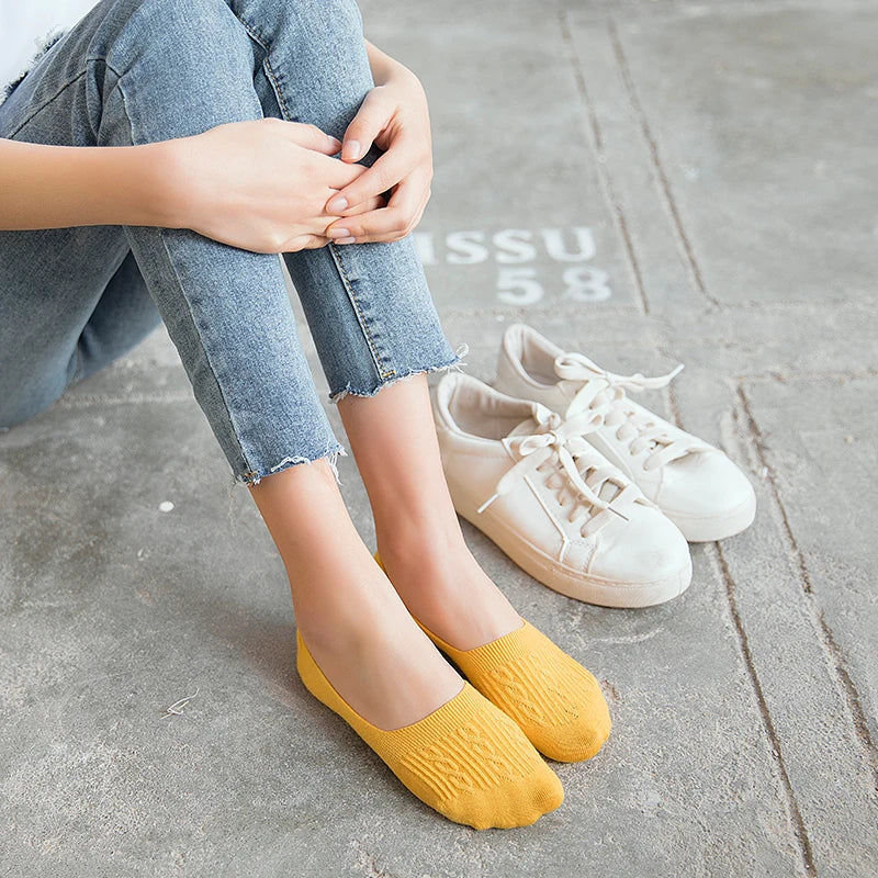 5 Pairs Women Cotton Low Cut Socks Solid Snowflake Softable Summer Silicone Non-slip Deep Mouth Prevent Heel Loss Slipper Socks