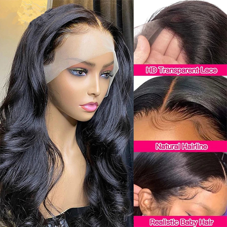 Body Wave 13x5 HD Transparent Lace Front 100% Human Hair Wig black 13x6 Lace Frontal Wigs 30 32 34 Inch Pre Plucked For Women