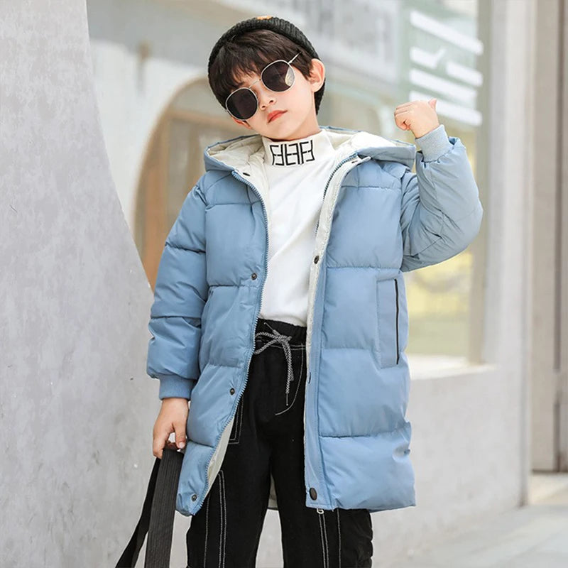 4-10 Years Boys Long Down Jackets Winter Kids Girls Thick Warm Hooded Outerwear Children Waistcoat Coat Fashion Casual Clothing