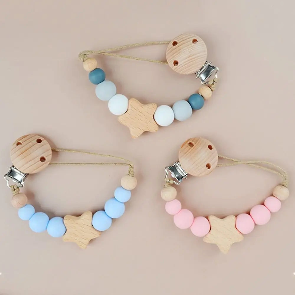 Dummy Clips Pacifier Holder Clips Star Wood Baby Pacifier Chain Nipple Holder Clips Soother Holder Baby Teether Toys Straps DIY
