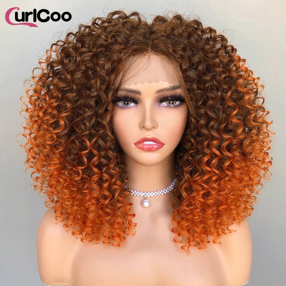 CurlyCoo Synthetic Curly Lace Front Wigs For Black Women Short Kinky Curly Bob Wig Ombre Natural Water Wave Cosplay Wig