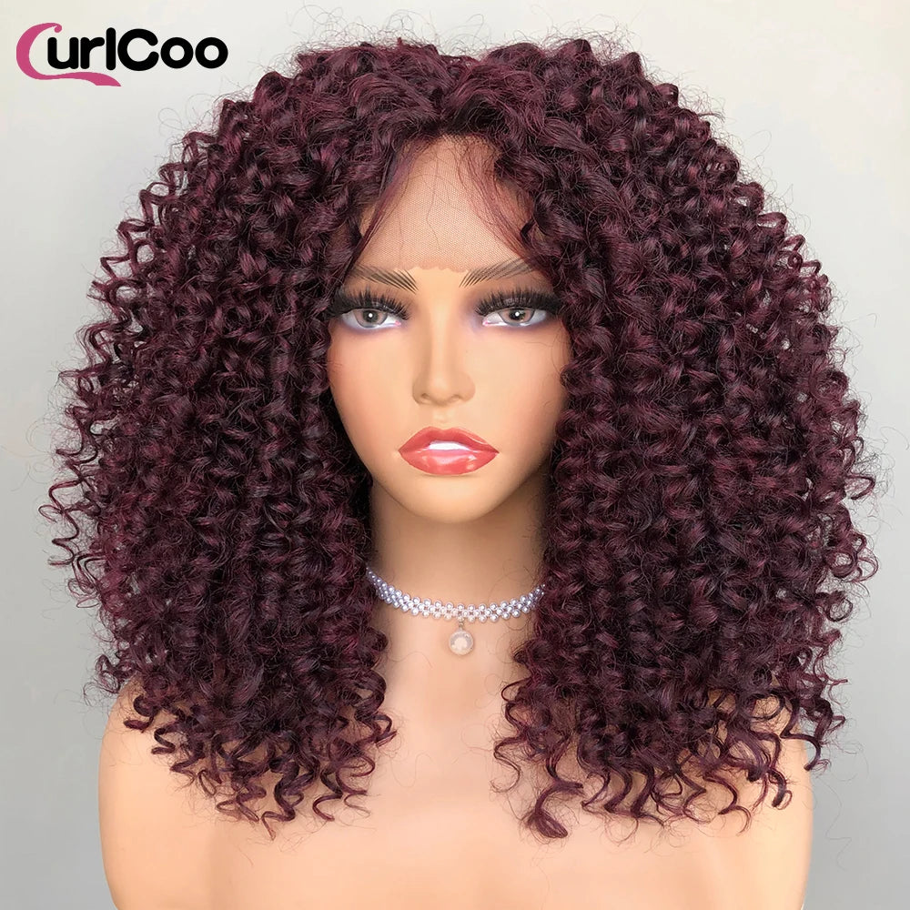 CurlyCoo Synthetic Curly Lace Front Wigs For Black Women Short Kinky Curly Bob Wig Ombre Natural Water Wave Cosplay Wig