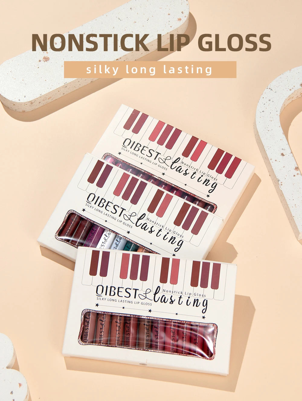 QIBEST 12pcs/set Waterproof Lip Gloss Long Lasting Velvet Nude Red Matte Liquid Lipstick Tint Makeup Cosmetic Lipsticks Lipgloss