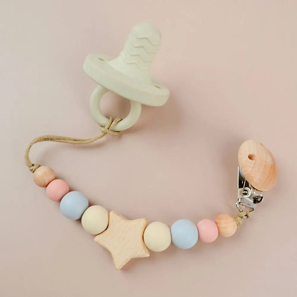 Dummy Clips Pacifier Holder Clips Star Wood Baby Pacifier Chain Nipple Holder Clips Soother Holder Baby Teether Toys Straps DIY