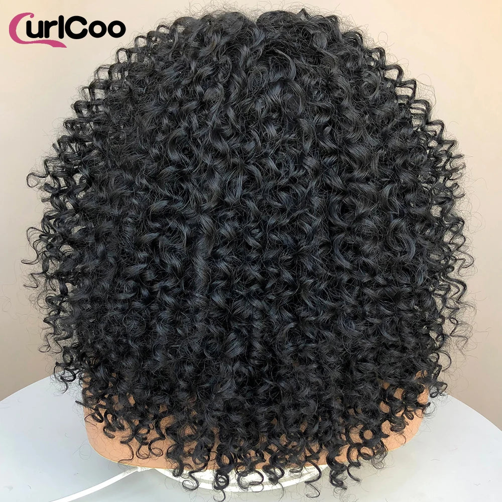 CurlyCoo Synthetic Curly Lace Front Wigs For Black Women Short Kinky Curly Bob Wig Ombre Natural Water Wave Cosplay Wig