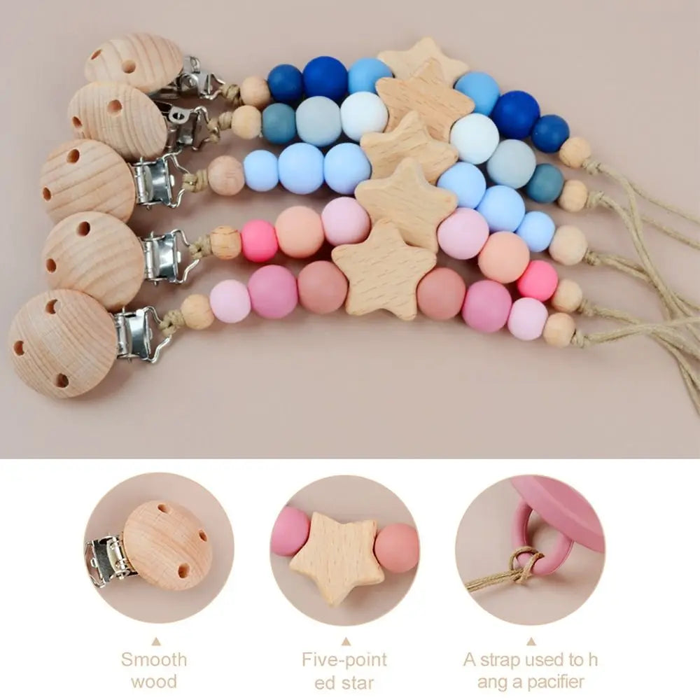 Dummy Clips Pacifier Holder Clips Star Wood Baby Pacifier Chain Nipple Holder Clips Soother Holder Baby Teether Toys Straps DIY