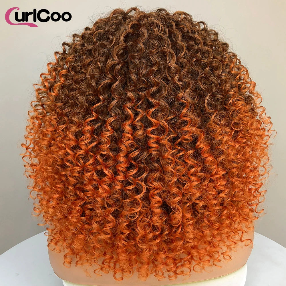 CurlyCoo Synthetic Curly Lace Front Wigs For Black Women Short Kinky Curly Bob Wig Ombre Natural Water Wave Cosplay Wig
