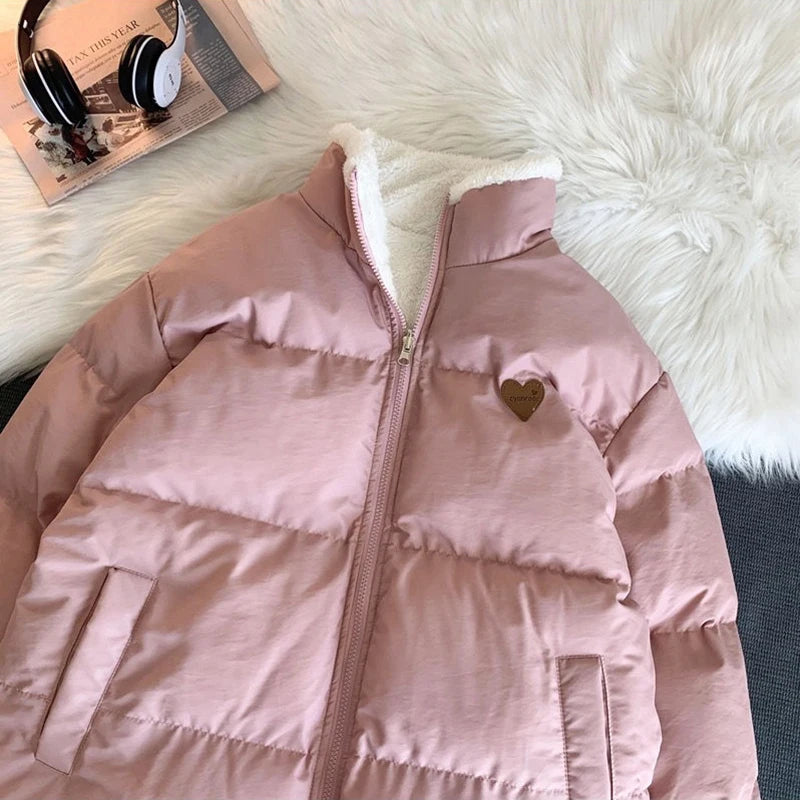 JMPRS Cute Embroidery Women Parkas Coat Winter Thick Hairy Korean Loose Warm Jacket Double Sided Design Pink Student Clothes