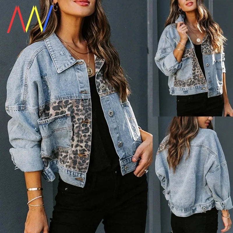 Leopard Stitching Denim Jacket Women Coat Fashion Female Outerwears Long Sleeve Lapel Button Down Chest Pocket Female Tops