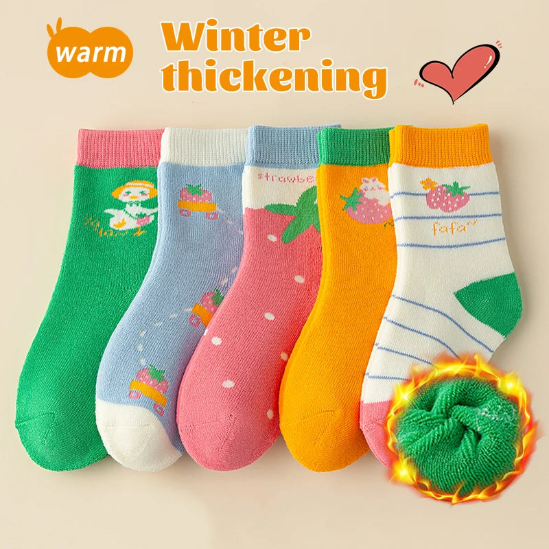 5Pairs 1-16Years Terry Socks for Children soft Breathable Thickened Fabric High Elasticity Strawberry Duck Socks and Baby Heater