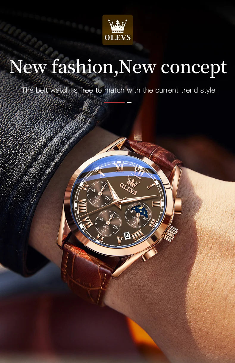OLEVS Brand Men's Watches Chronograph Waterproof Calendar Quartz Male Watch Sports Leather strap Stainless steel Luxury Original