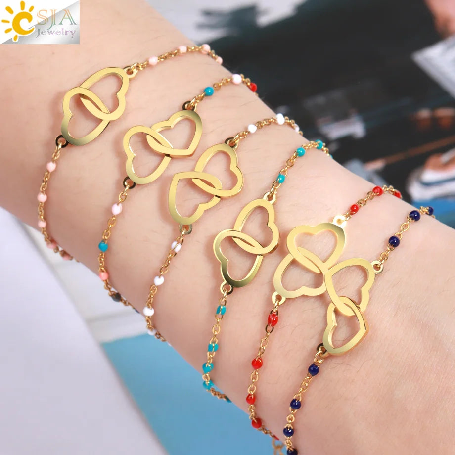 CSJA Fashion Thin Chain Stainless Steel Bracelet for Women Gold Color Cross Charm Enamel Bracelets Summer Jewelry Gift T100